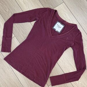 Y2K Abercrombie & Fitch Longline Long Sleeve V Neck Shirt Sz XS Trendy Burgundy